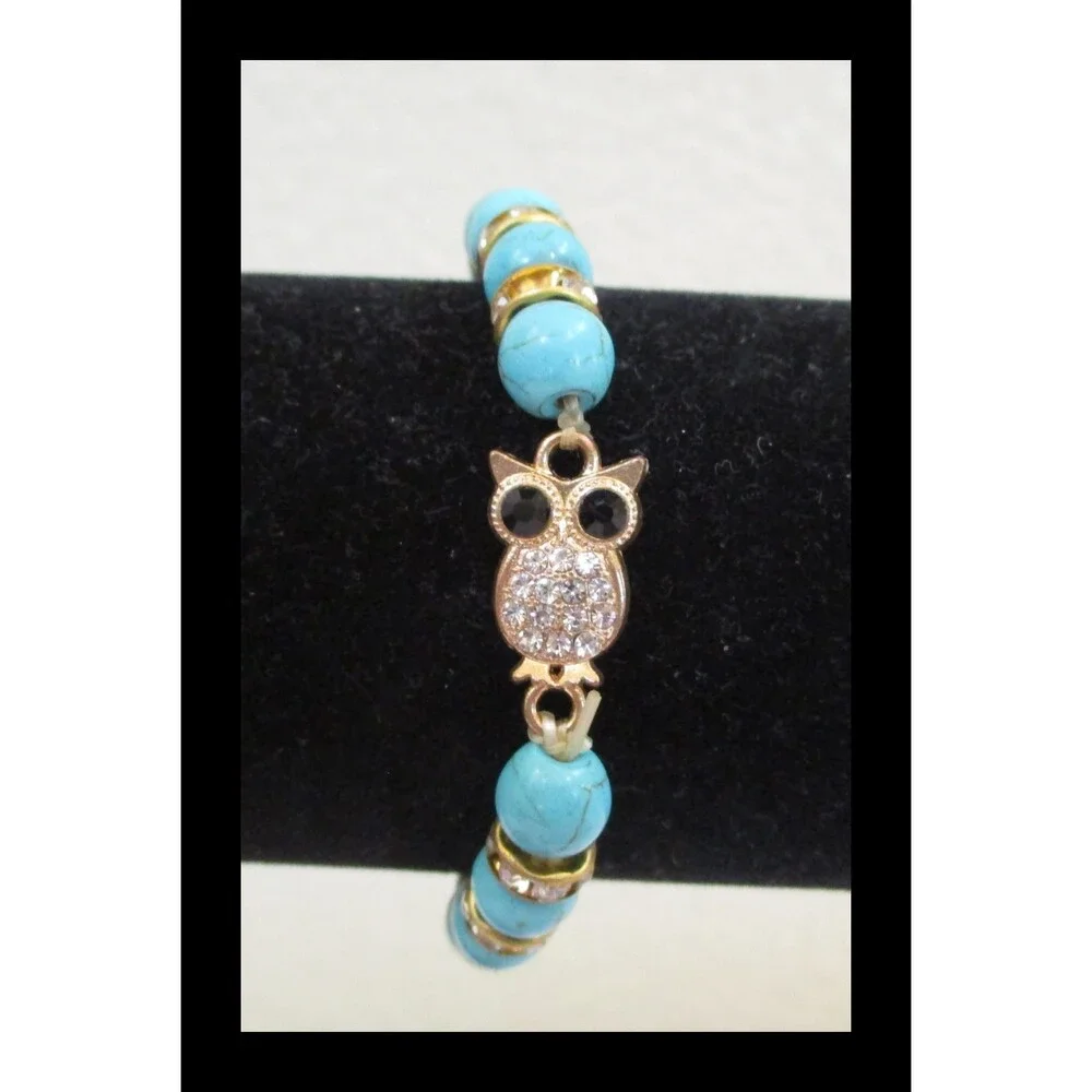 Turquoise Color Beaded Stretch Bracelet with Owl & Rhinestone Accents BR-12